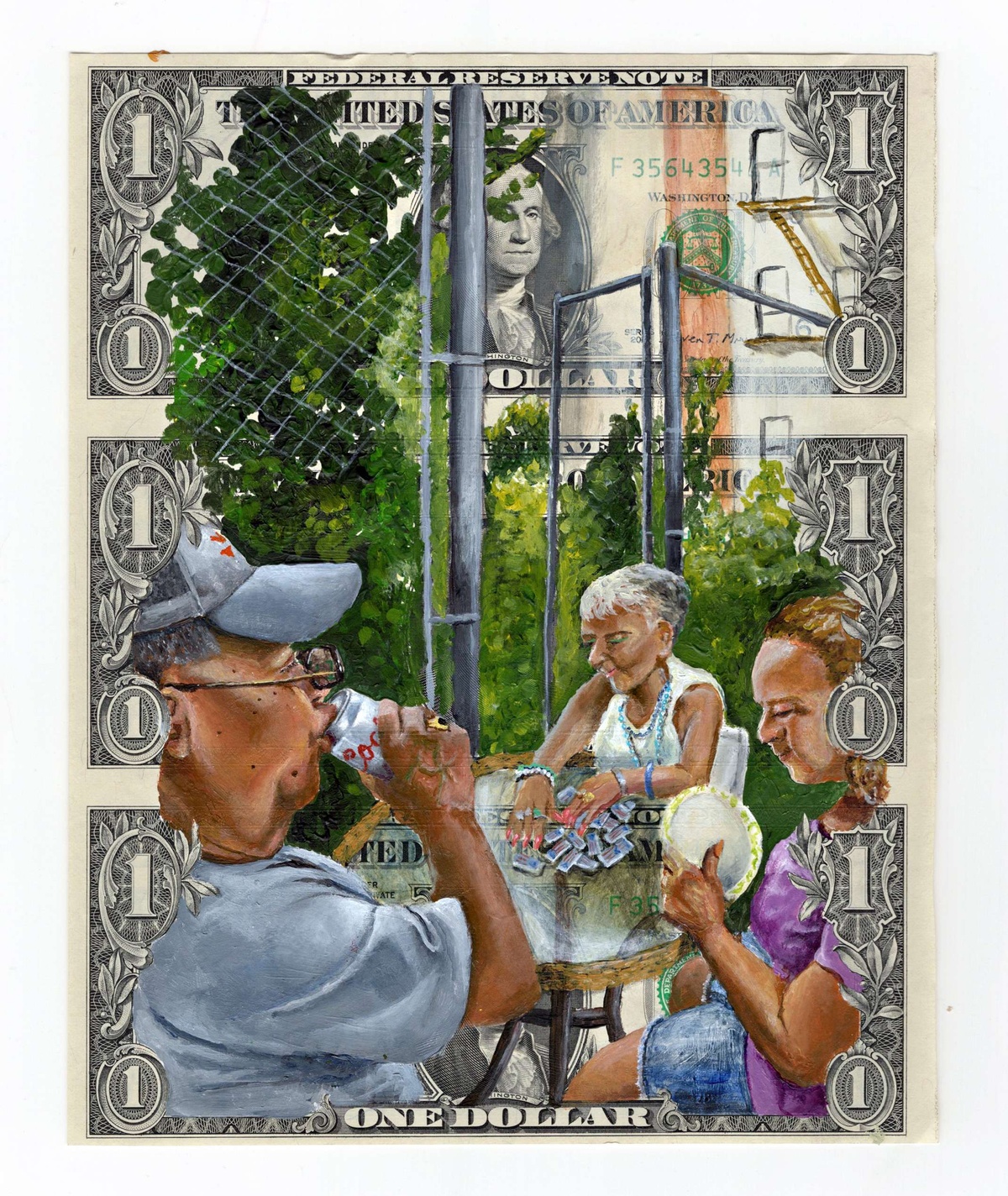 A painting on three one-dollar bills depicting people enjoying a nice day surrounded by trees. One is drinking a beer, the other playing a game, and another embroidering.