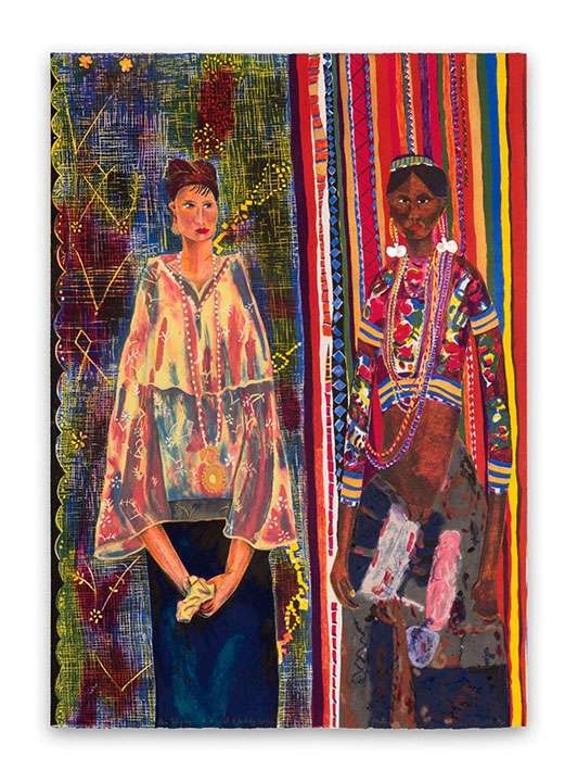 A painting by Pacita Abad in which two people, dressed in brightly colored and patterned clothing, with large necklaces, pose in front of a slpit background. On one side there are colored stripes, and the other has a primary colored woven pattern.