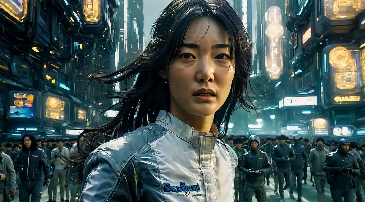 An asian woman, seen from the shoulders up, stands in a crowd of people in a metropolitan futuristic setting.