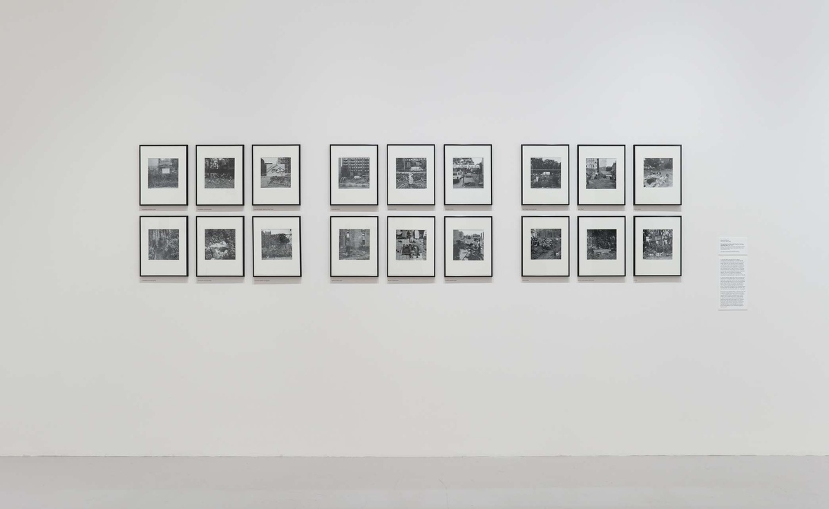 A series of uniform framed images; 3 sets of two rows, 3 images per each row. The images are square, greyscale photographs of the urban gardens/spaces.