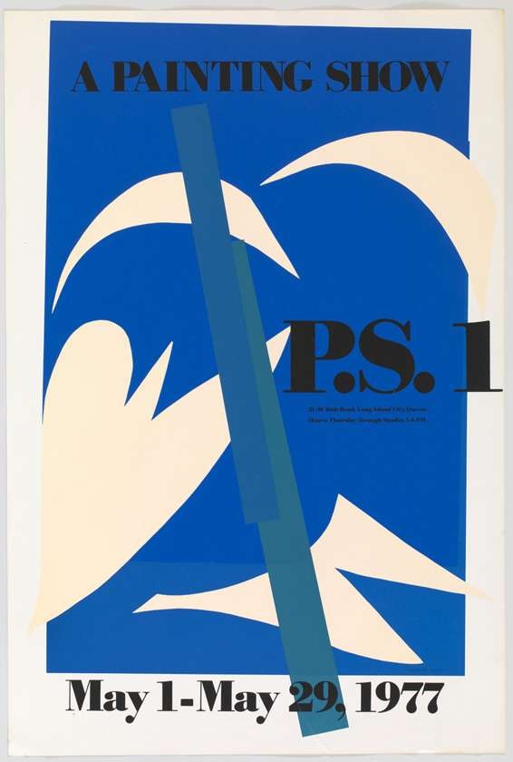 An abstract blue poster with an uneven white border and scattered off-white shapes. A green diagonal bar through the center intersects with some of the off-white shapes. Printed on top in black, bold, serif font reads "A PAINTING SHOW, P.S.1, May 1-May 29, 1977"