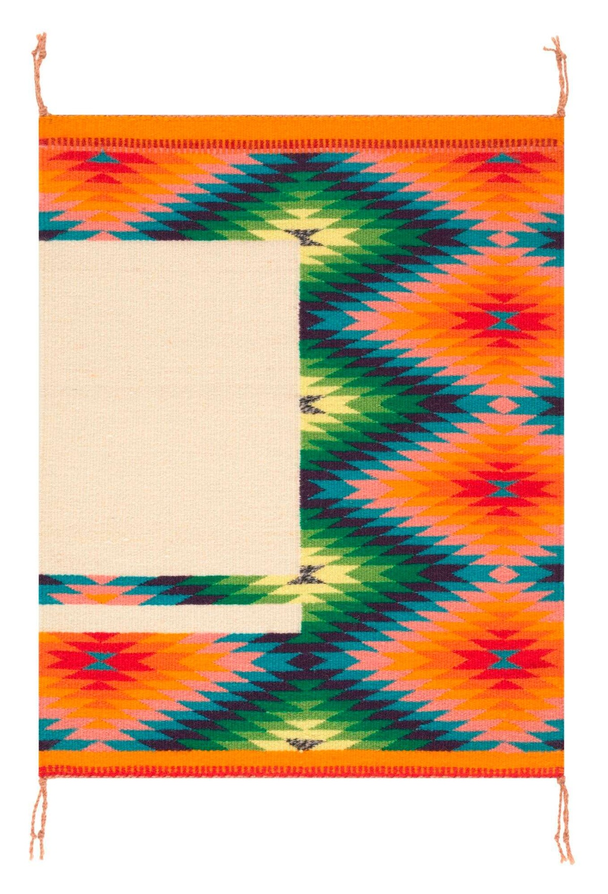 A vertical wall hanging woven by Melissa Cody. It has two pale beige colored blocks and a multicolored diamond-patterned background.