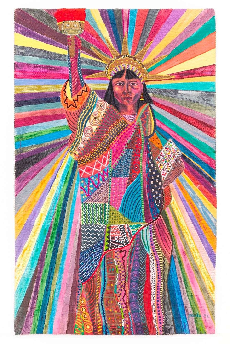 Pacita Abad's painting of a sunset-hued rendition of the Statue of Liberty, dressed in a boldly patterned garb emerging from a sunburst of striped color.