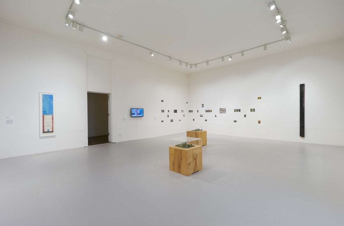 A gallery space with two wooden pedestals of green forest dioramas in the foreground and artwork scattered on a wall in the background.