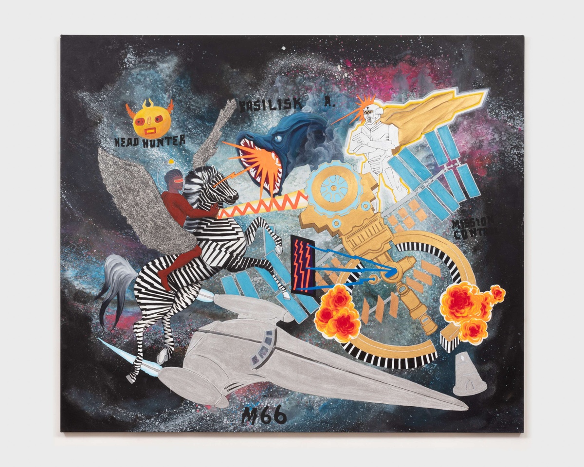Colorful painting with a spaceship, a satelite, and a man riding a zebra fighting a mythical creature, all set against the background of a galaxy.