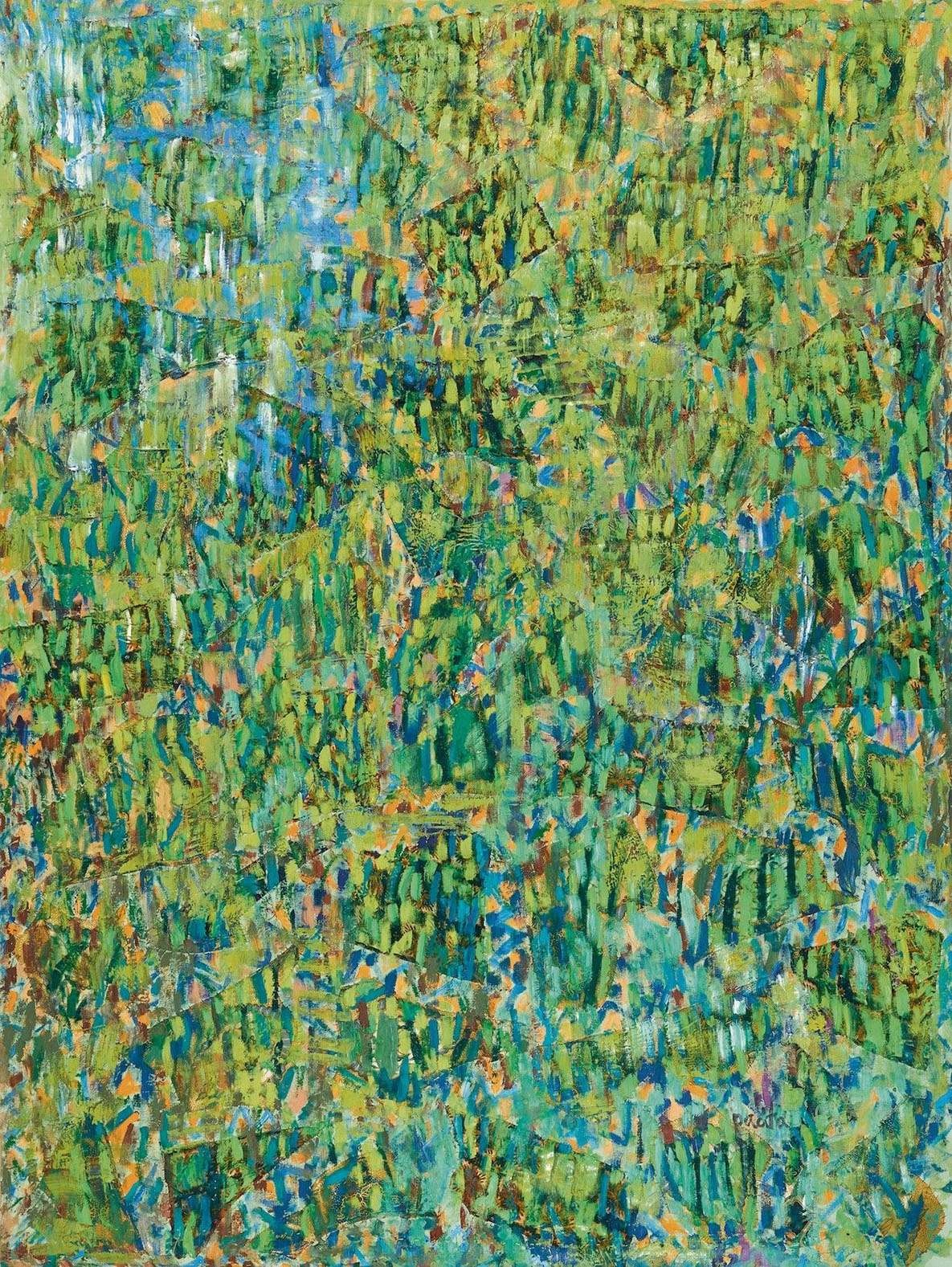 An abstract composition by Pacita Abad done in shades of green, blue, and orange hues, It features small markings similar to blades of grass.