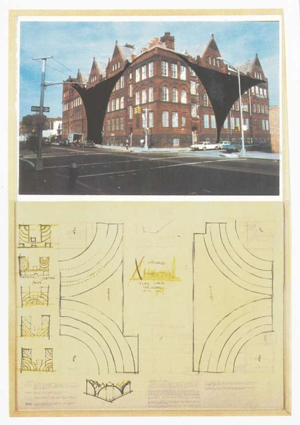 An image two, vertically stacked, cells. Above, an archival photograph of MoMA PS1. Below, an architectural building sketch. In the archival photograph, two, large, black, triangle-like shapes arch over the windows on either side of the building. The building sketch on the bottom sketches out these plans in pencil, drawn in rainbow-shaped outlines.