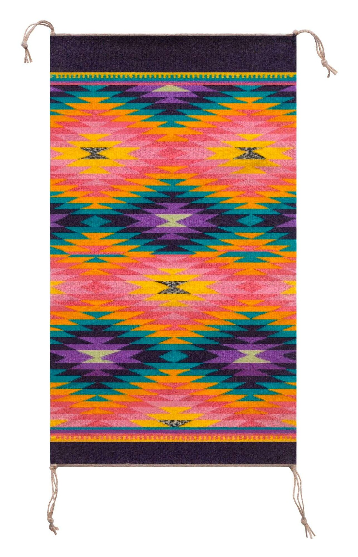 A vertical wall hanging covered in a diamond-shaped pattern woven by the artist Melissa Cody. It is multicolorded, with shades of purple, pink, yellow, teal, beige, and black.