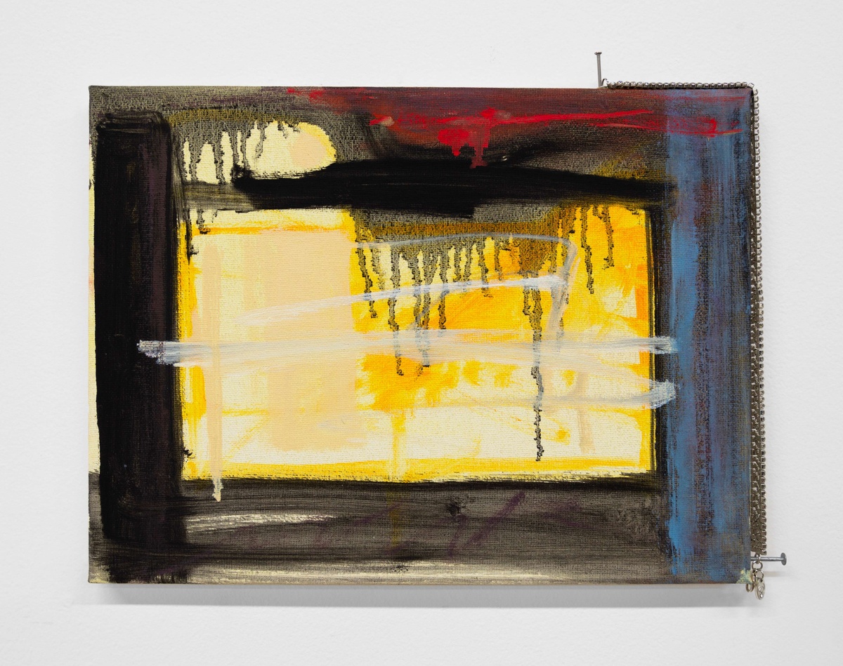 An abstract painting done in yellow, red, black and blue, with nails sticking out of the top and right side.