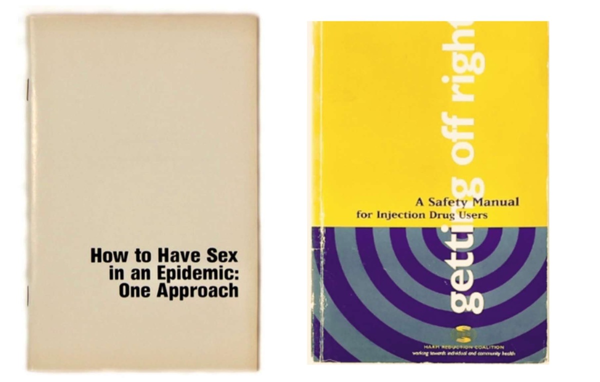 Two books side by side one titled "How to have sex in an epidemic: one approach" and the other titled "A safety manual for injection drug users"