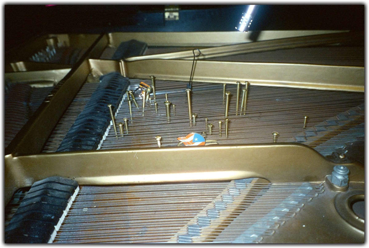 closeup of piano strings with nails inserted into them