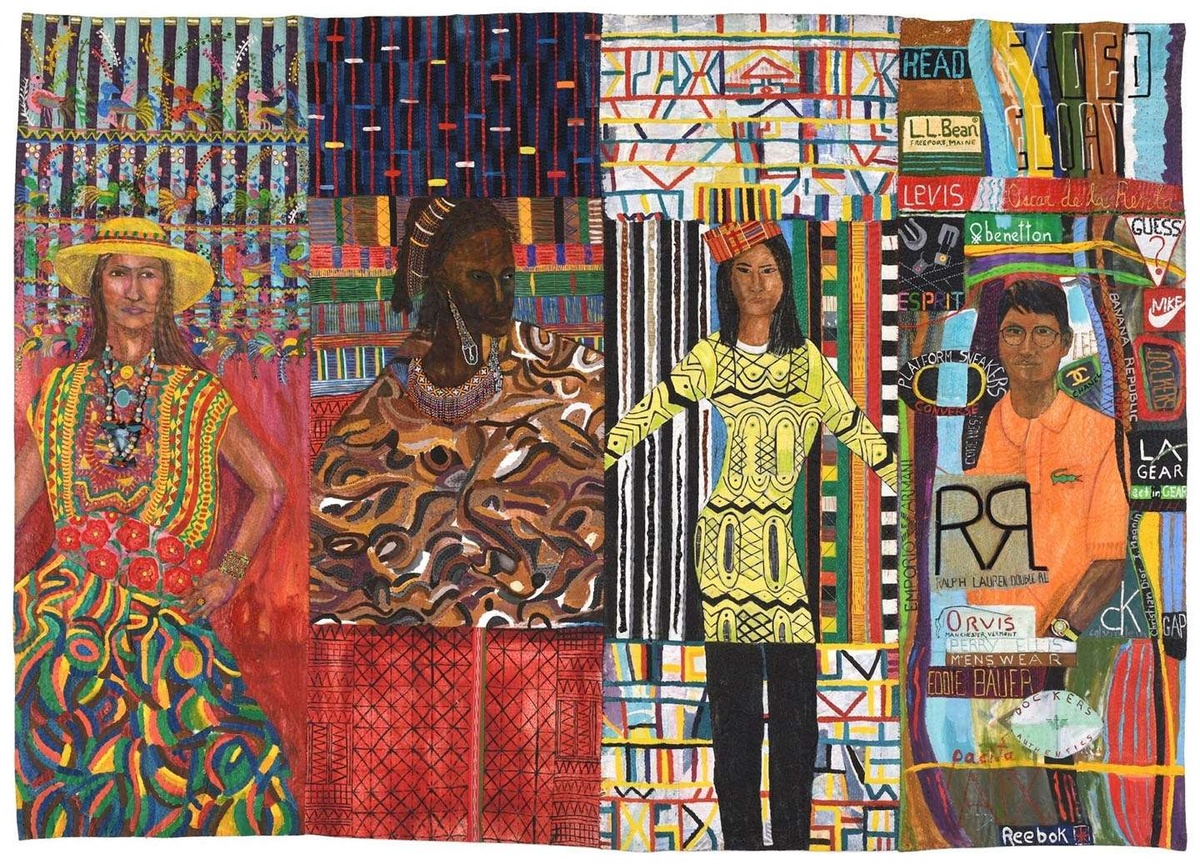 A painting by Pacita Abad in which four figures, each dressed in colorful patterned clothing, are set up against four busily patterned background panels. Each panel serves as references to several fashion brands.