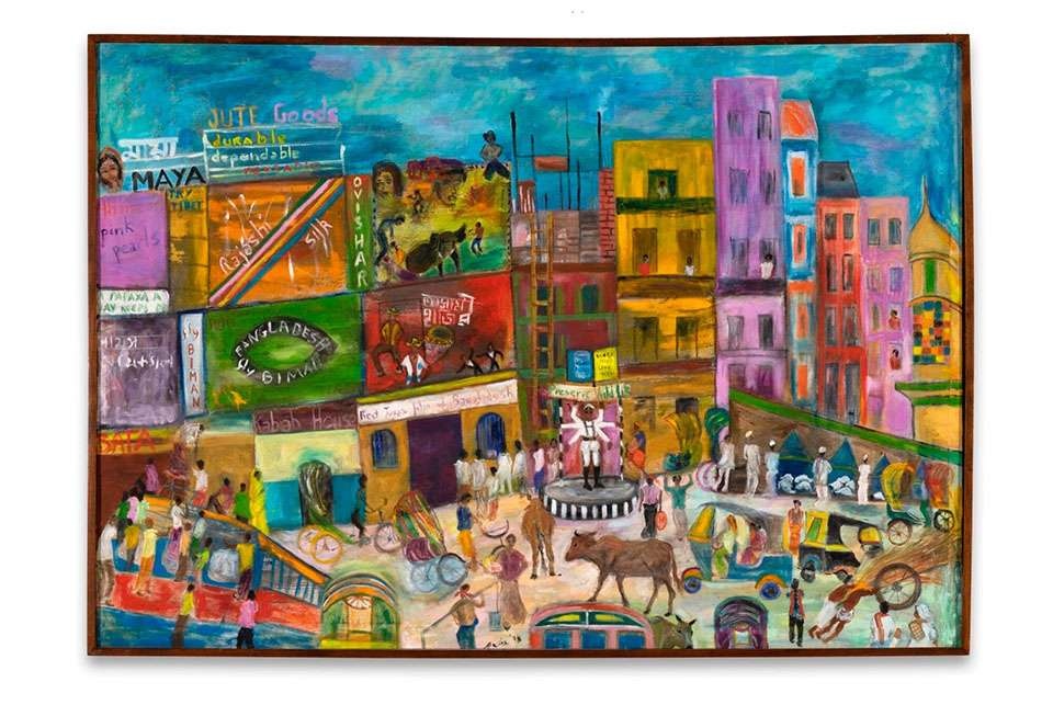 A bustling street scene by Pacita Abad lined with multicolored buildings and advertisements. It is filled with people, animals and vehicles.